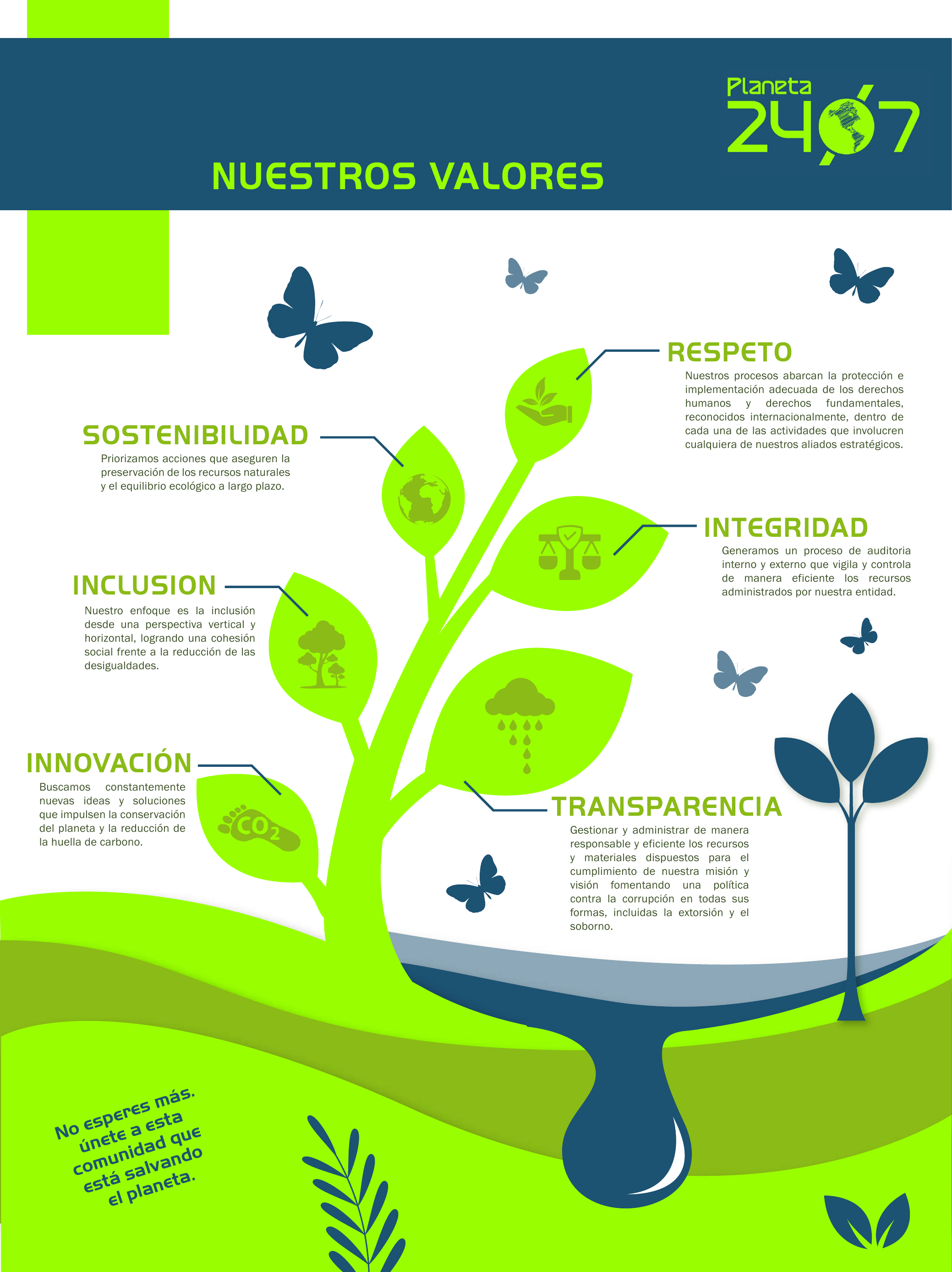 Gráfico original del brochure: árbol de valores, hojas y mariposas